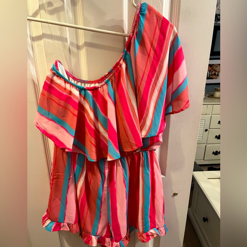 Pink Lily Boutique Striped, One Shoulder Romper with Ruffled Trim
